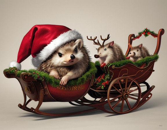 Realistic Hedgehog Rides Santa's Sleigh in Festive Scene