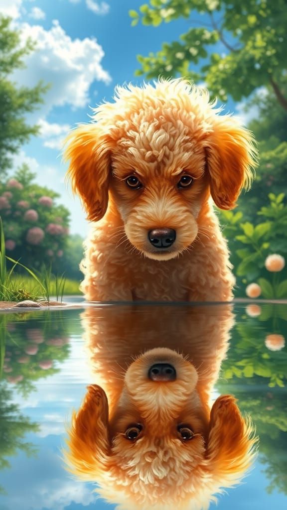 Serene Poodle Reflects in Calm Waters, in Soft Brushstrokes