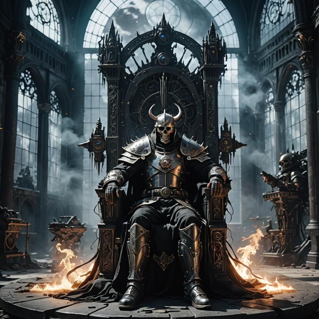 Cyberpunk Warlord on Moonlit Throne in Steam-Powered Hall