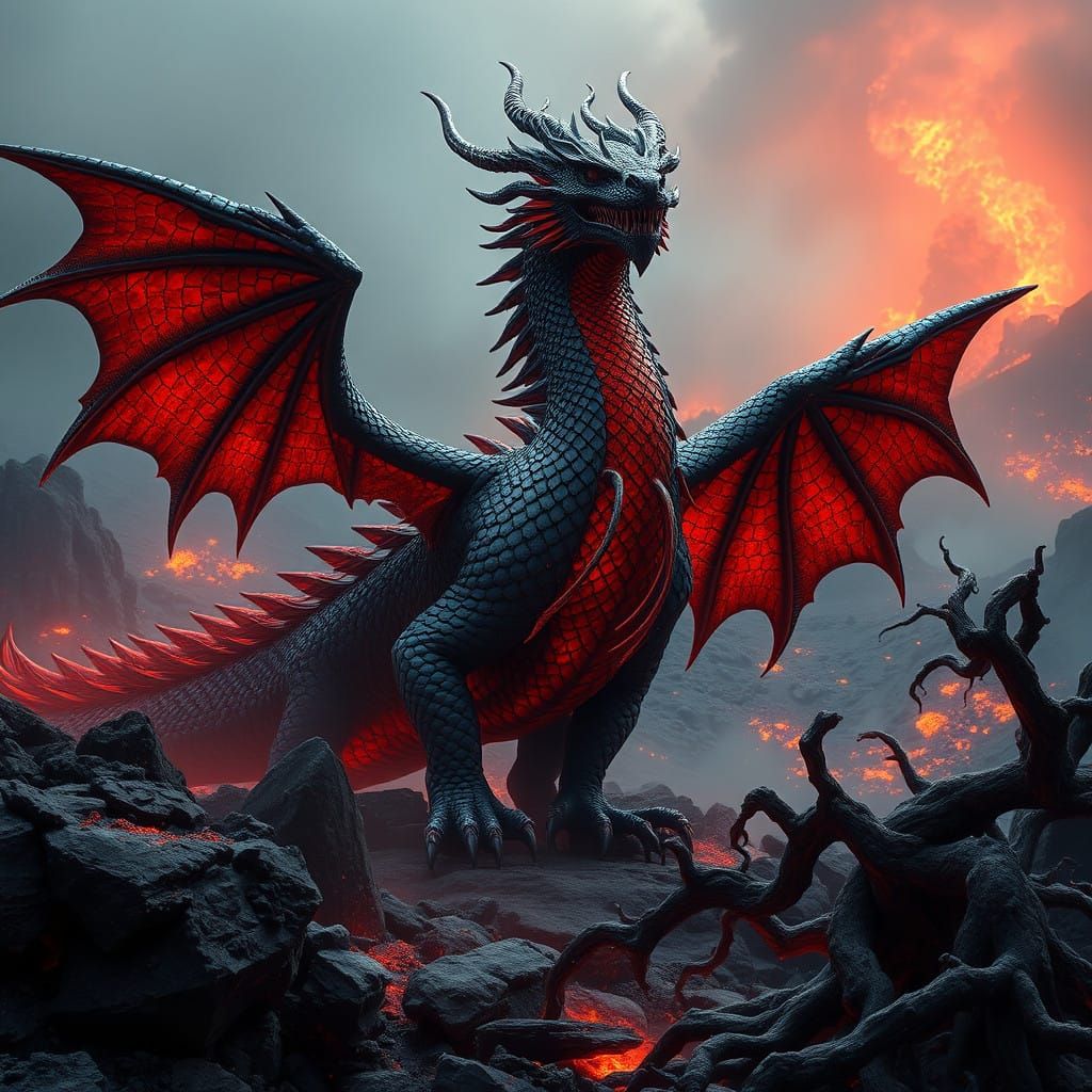 Majestic Black and Red Dragon in Volcanic Landscape