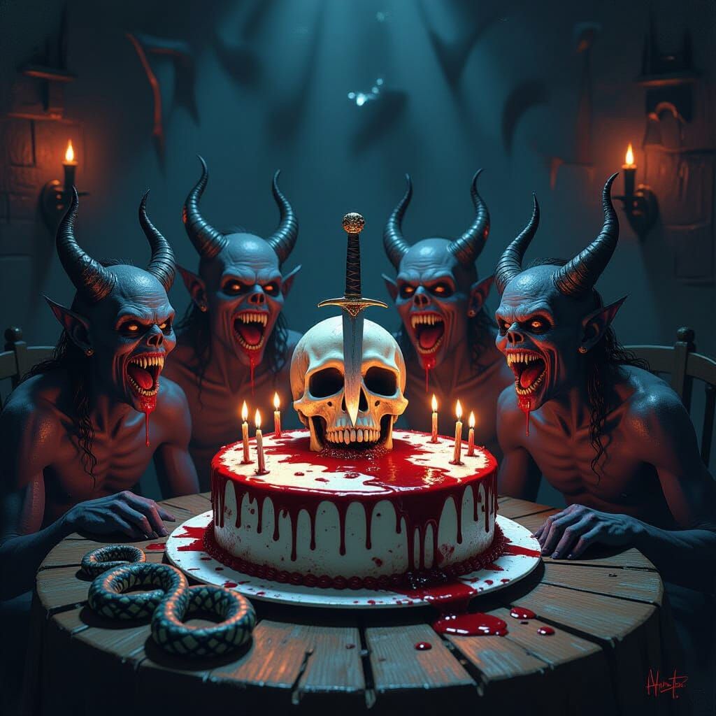 Dark Fantasy Birthday Party With Skull Cake And Demons