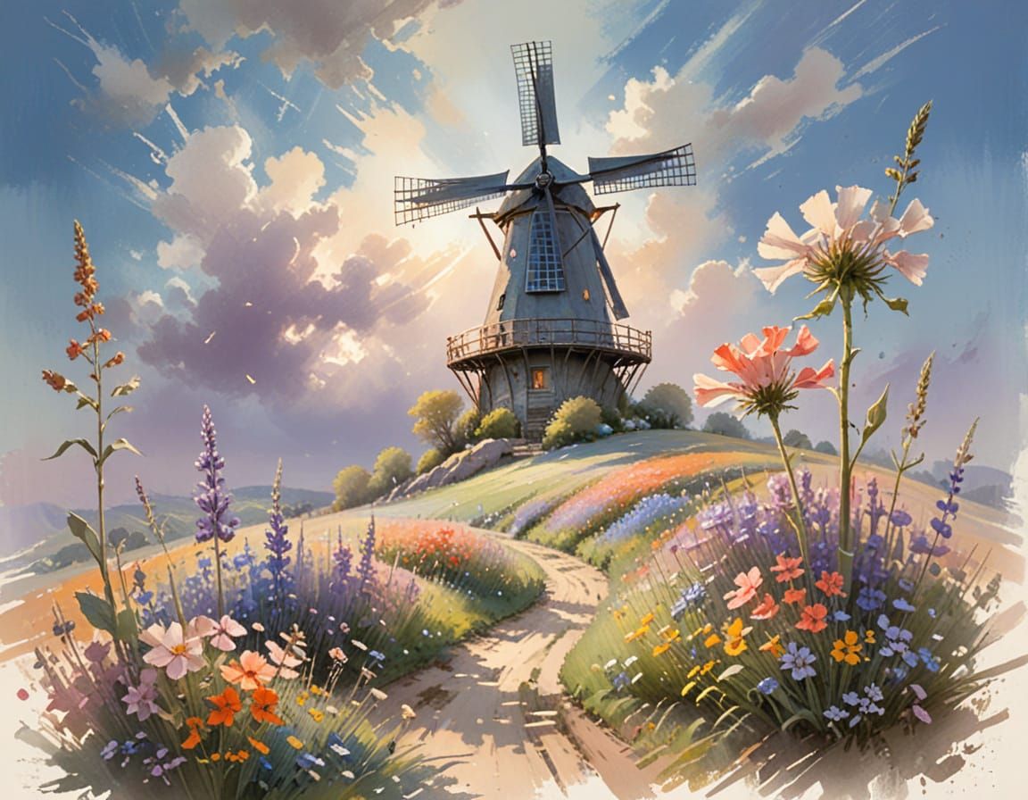 Pastel Windmill in Watercolor Landscape
