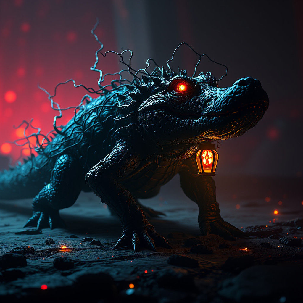 Ethereal Wombat-Gator Hybrid in Dark, Biomechanical Visions