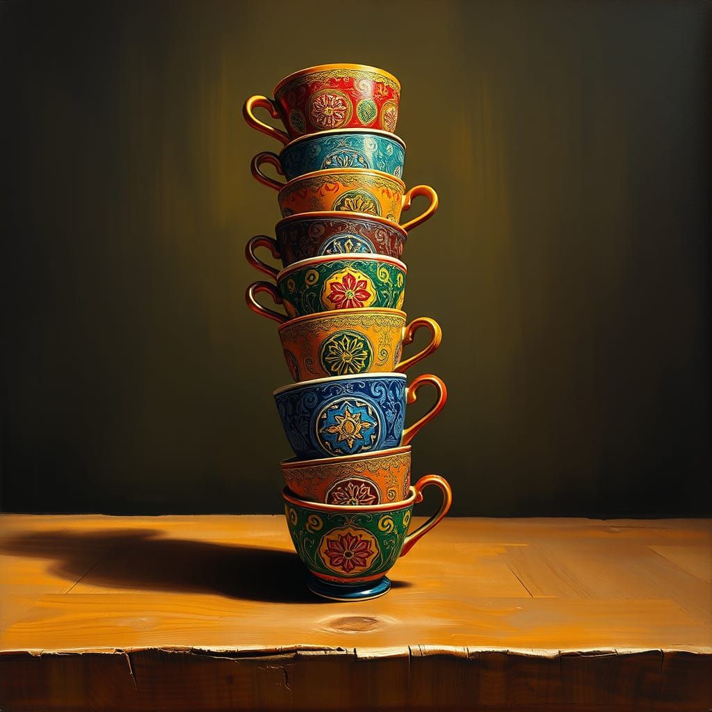 Vibrant Coffee Cup Tower in Warm Golden Light