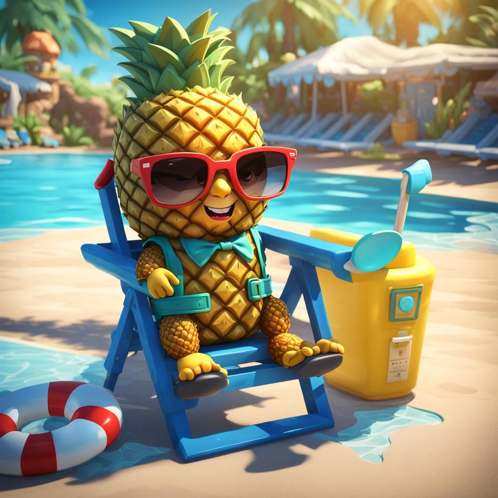 Chibi Pineapple Lifeguard in Vibrant Fantasy Setting
