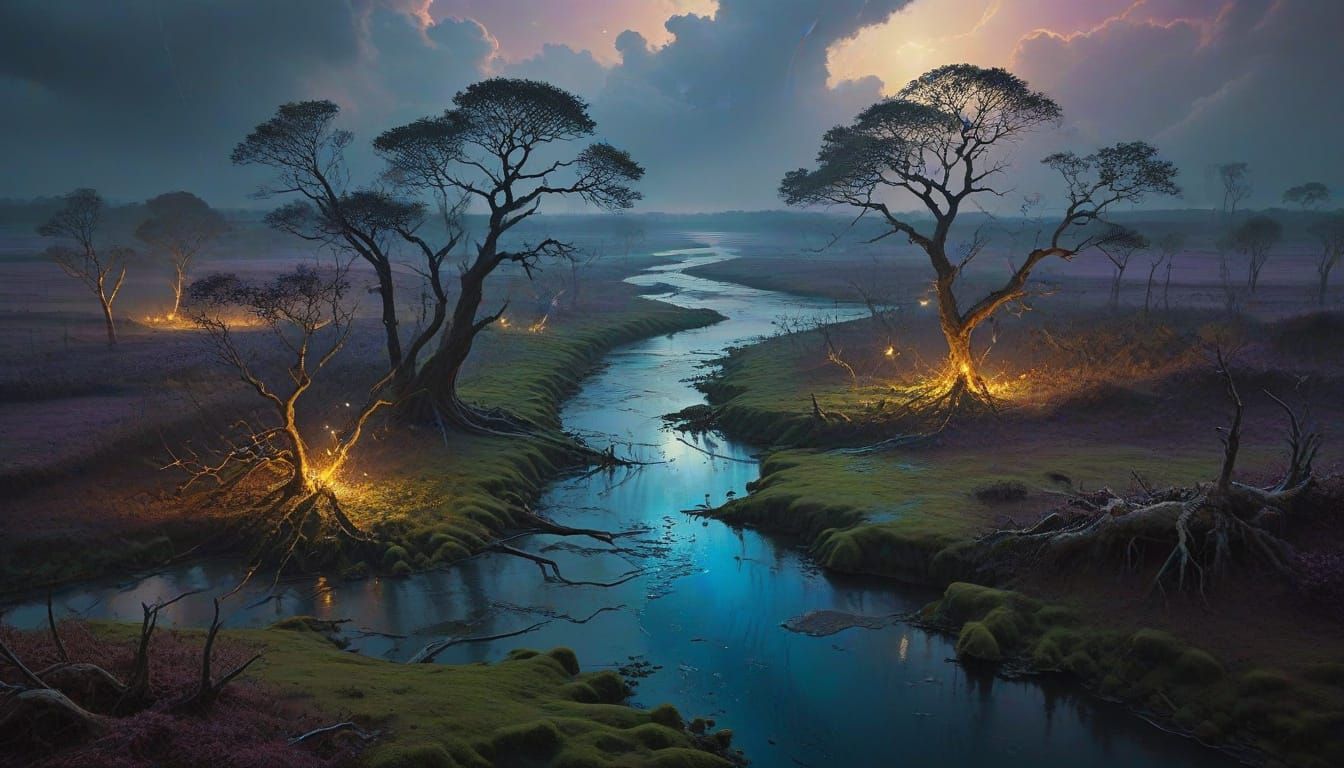 Ethereal River Delta Landscape in Metallic Blues and Silvers