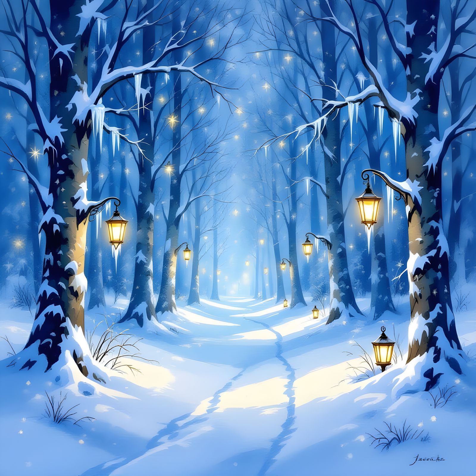 Festive Christmas Forest in Light Blue Hues, Watercolor Styl...