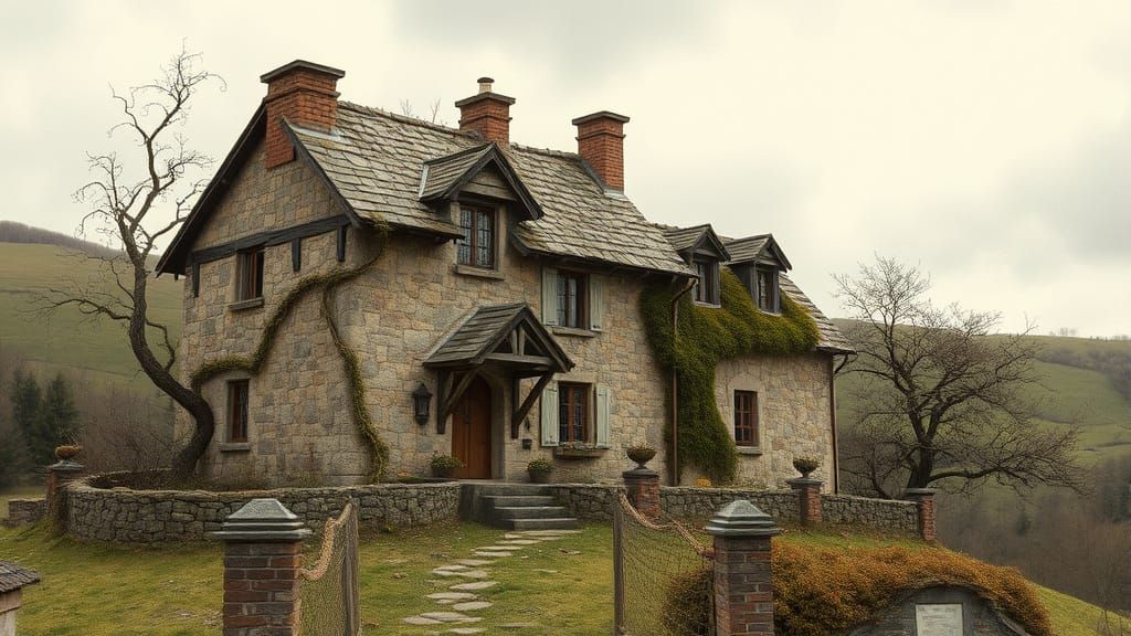 Whimsical Hillside Cottage in Weathered Stone