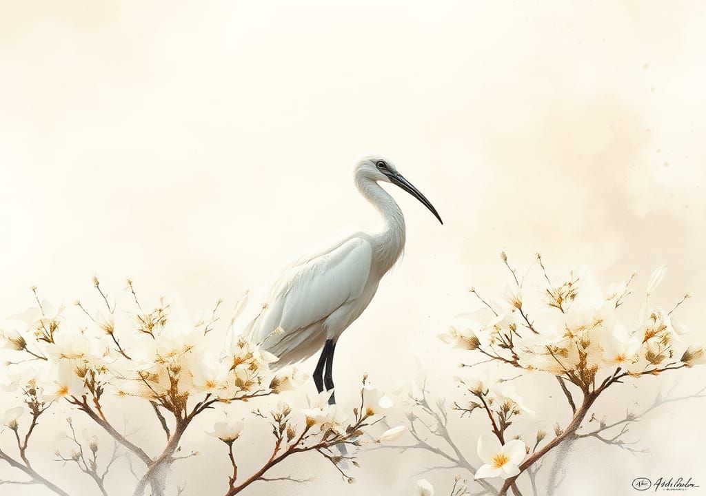 Ethereal White Ibis in a Dreamlike Landscape