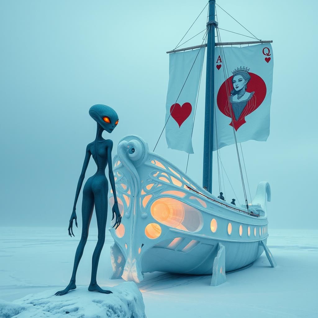 Ethereal Ice Ship Under Aurora Borealis in Whimsical Cyberpu...