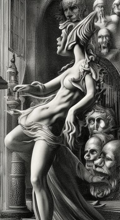 Whimsical Dark Portrait in Surreal Alchemical Style