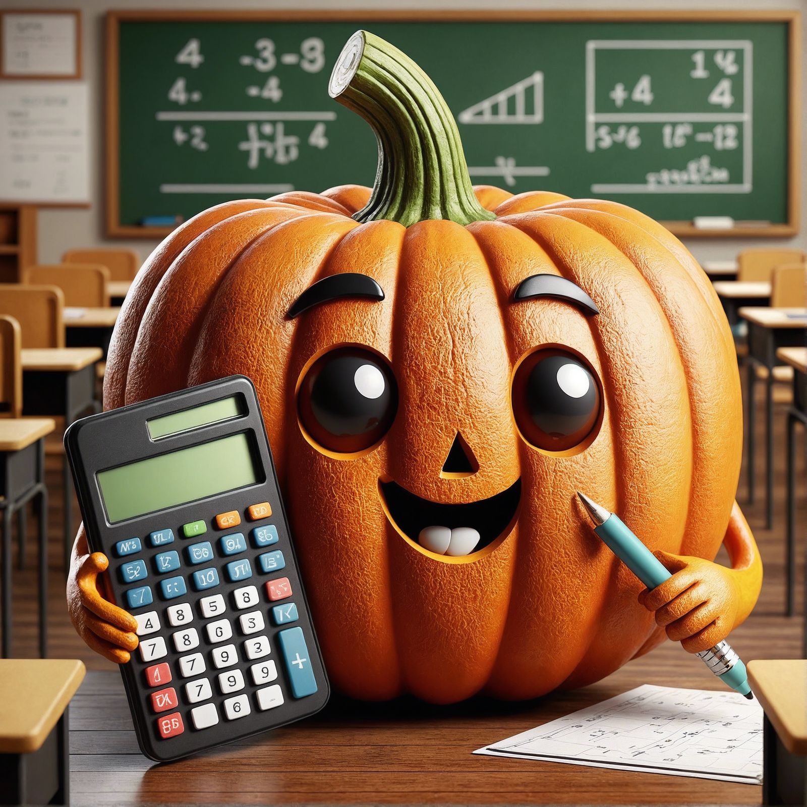 CGI Cartoon Pumpkin in a Traditional Classroom Setting