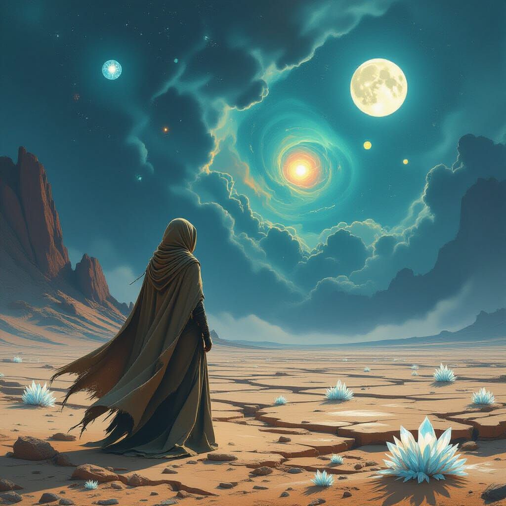 Surreal Sci-Fi Landscape with Woman in Cloak