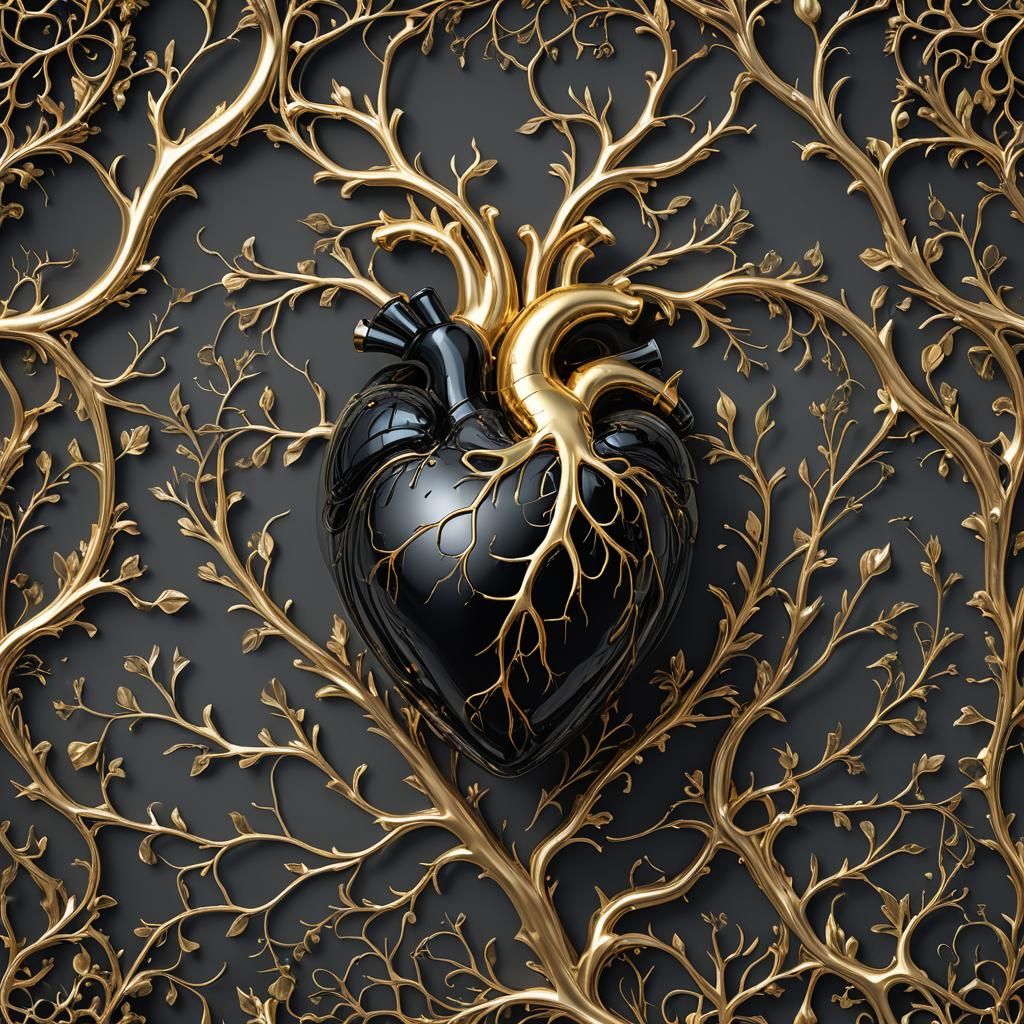 Surreal Black Heart with Glass and Gold in Intricate Detail