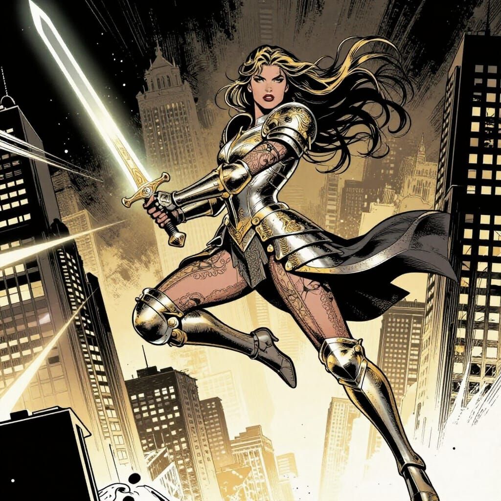 Warrior Princess Leaps Across Cityscape with Glowing Sword