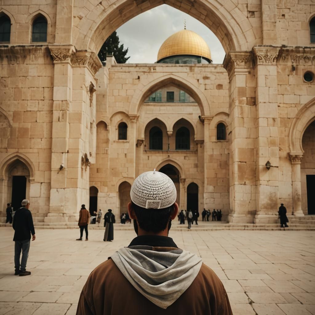 A Muslim in Reflection Before Al Aqsa Mosque's Golden Glory
