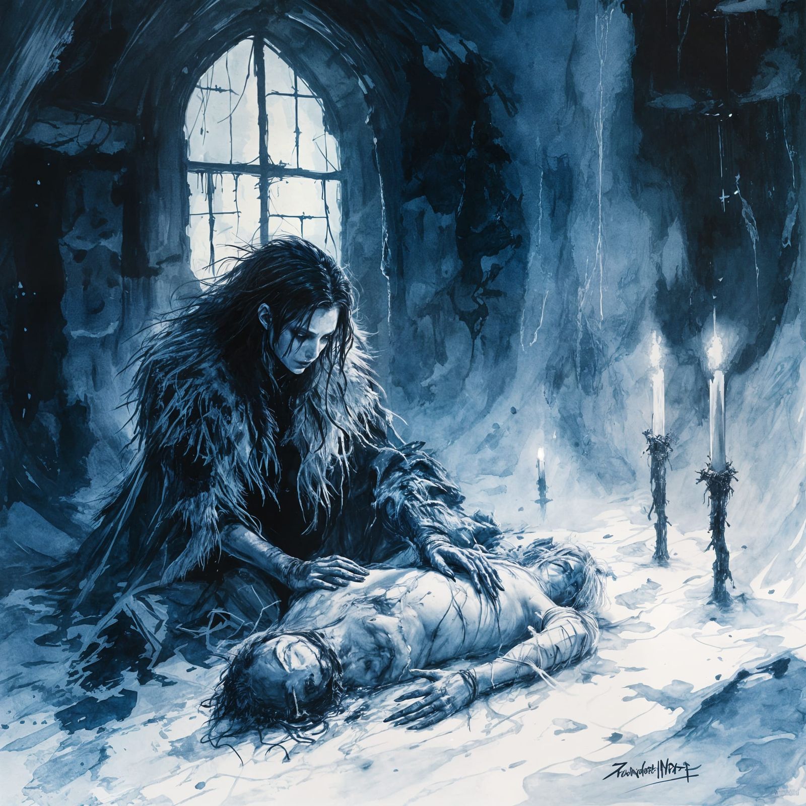 Necromantic Acolyte in Norse Hut, Ink Drawing