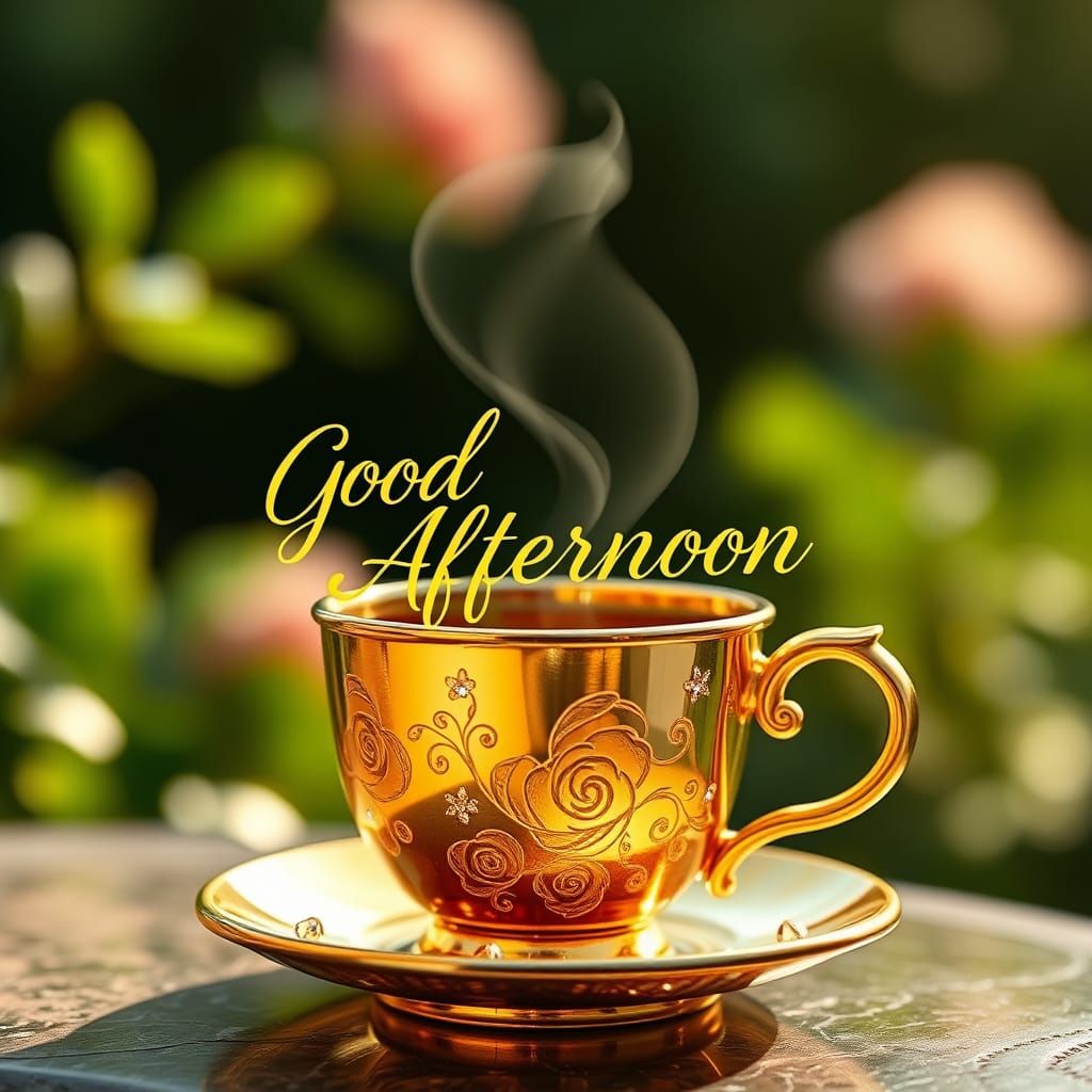 Luxurious 24K Gold Coffee Cup with Lush Garden Backdrop