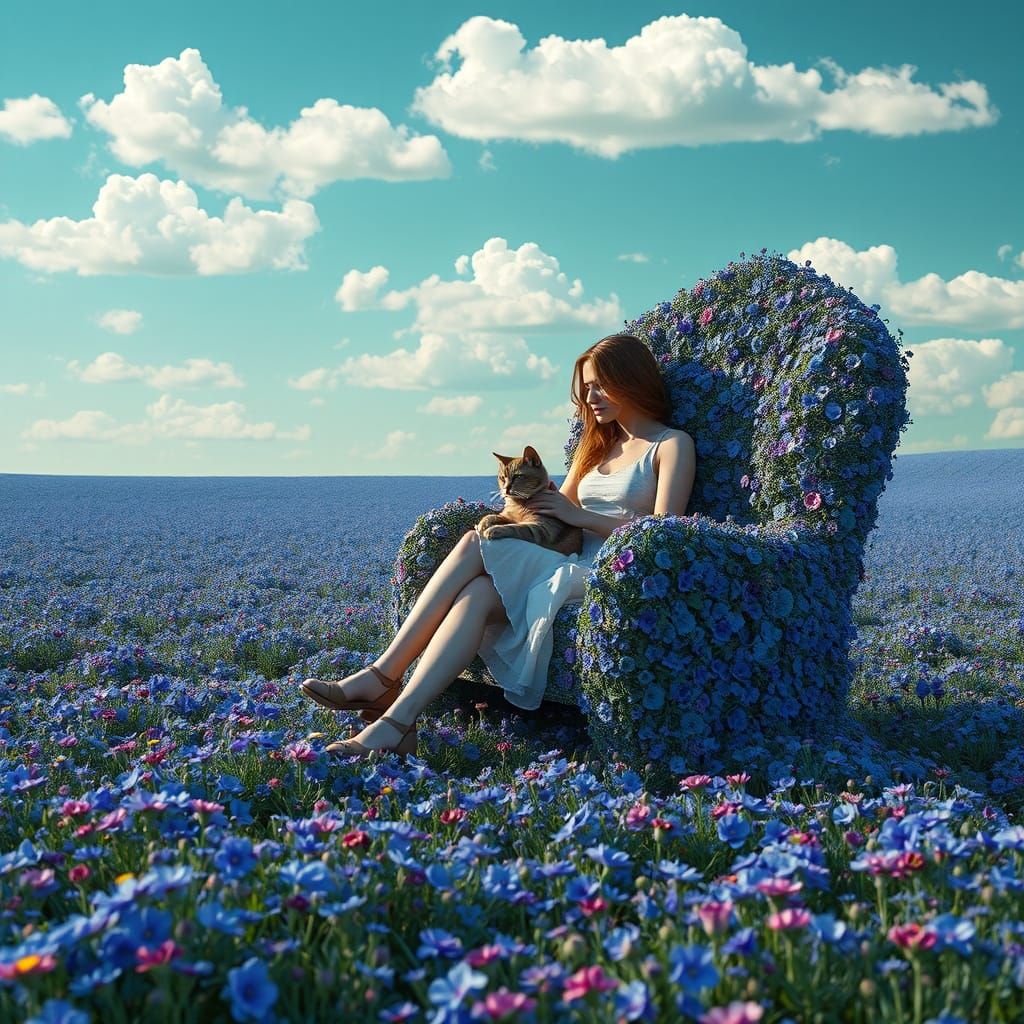 Woman and Cat in Floral Chair Under Green Sky