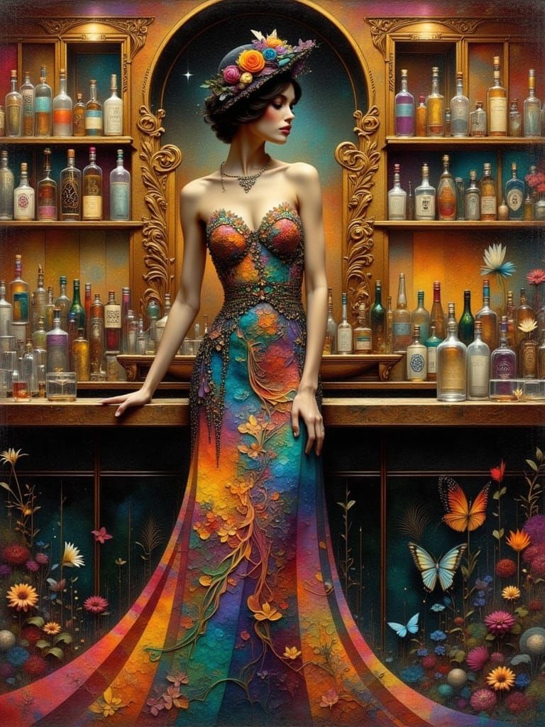 Flapper at Ornate Bar, in Romantic Cubism Style