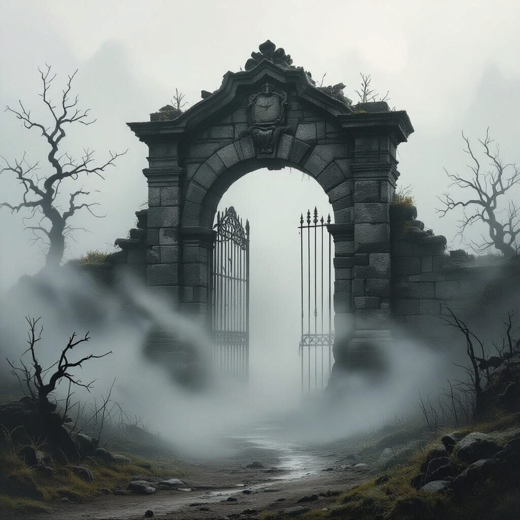 Ancient Gate Shrouded in Ethereal Fog
