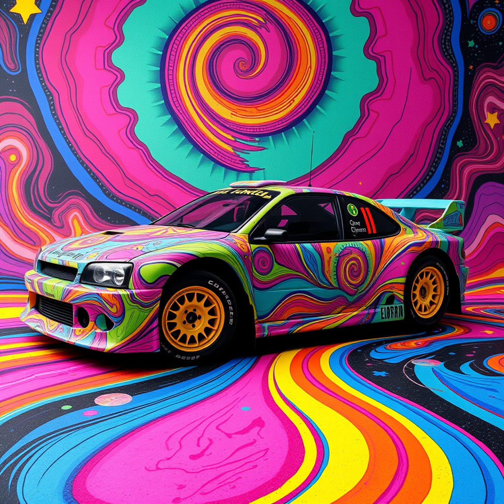 Rally car wrapped in "the lunatics" artwork