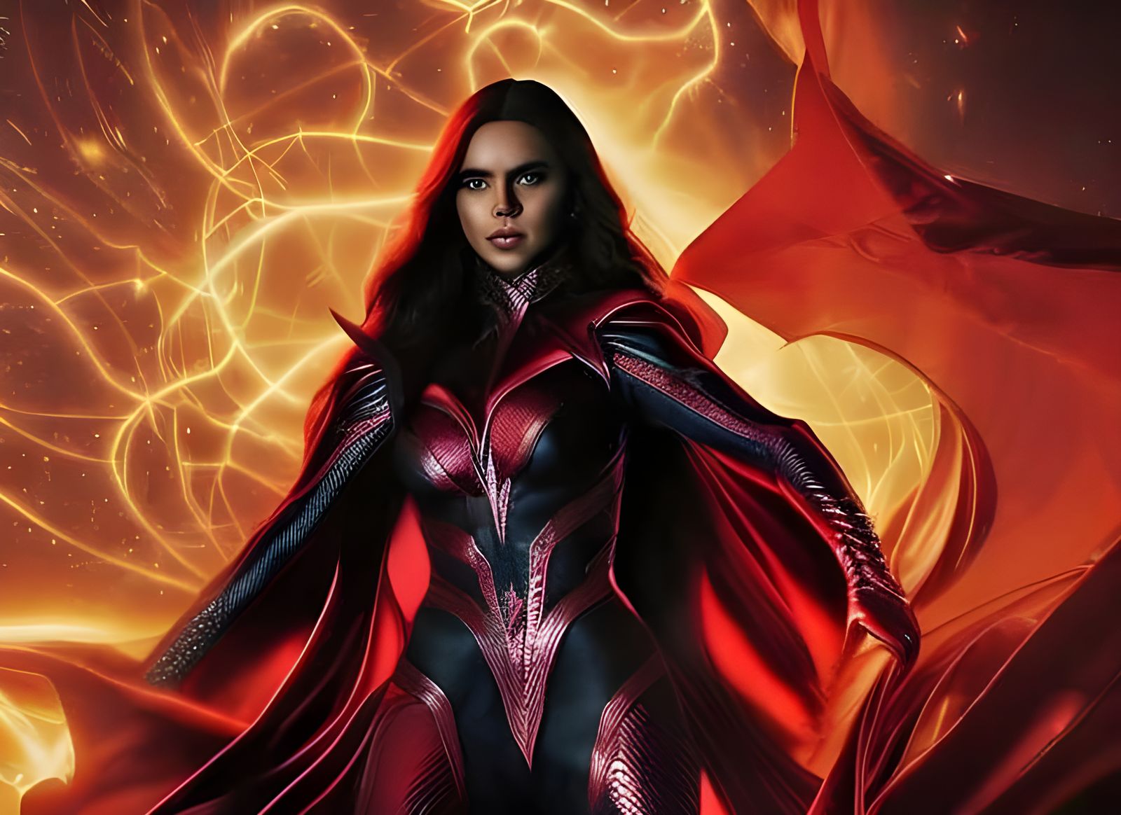 Seductive Scarlet Witch in Red Magic with Photorealistic Fan...
