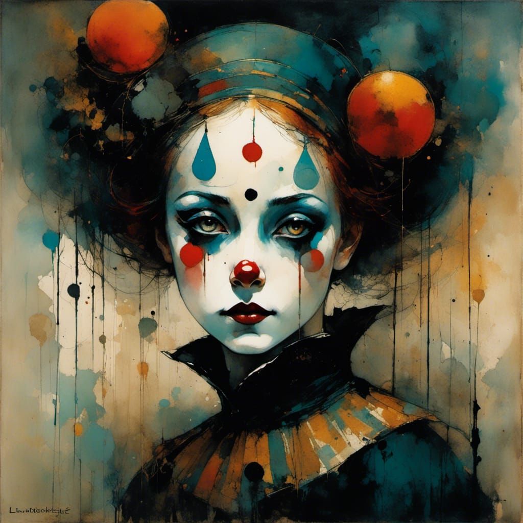 Whimsical Dark Circus Clown in Eerie, Dreamlike Setting