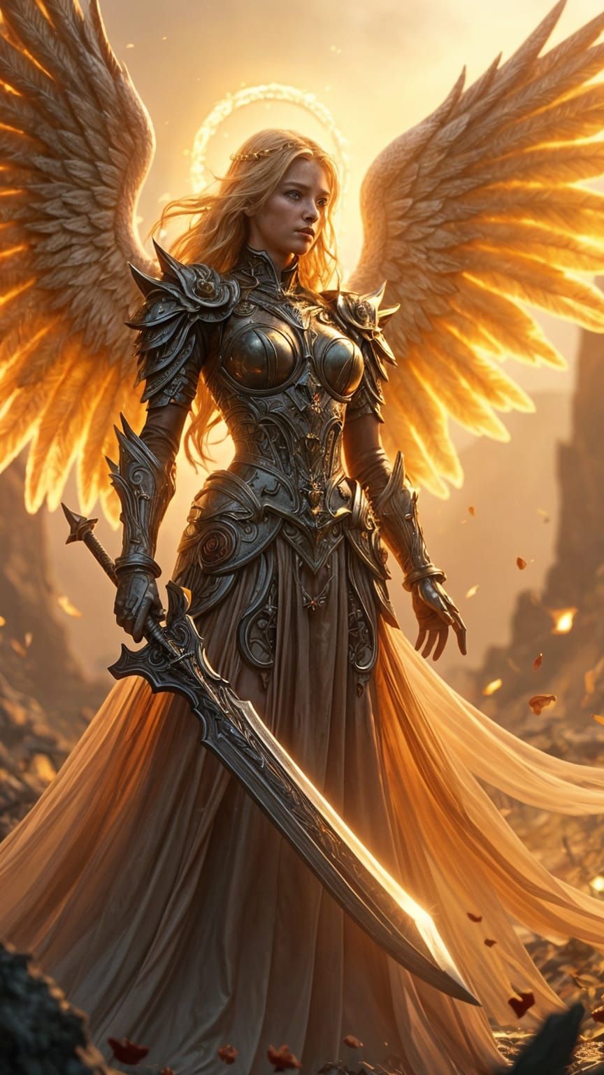 Stunning Warrior Angel in Golden Armor, Standing Confidently...
