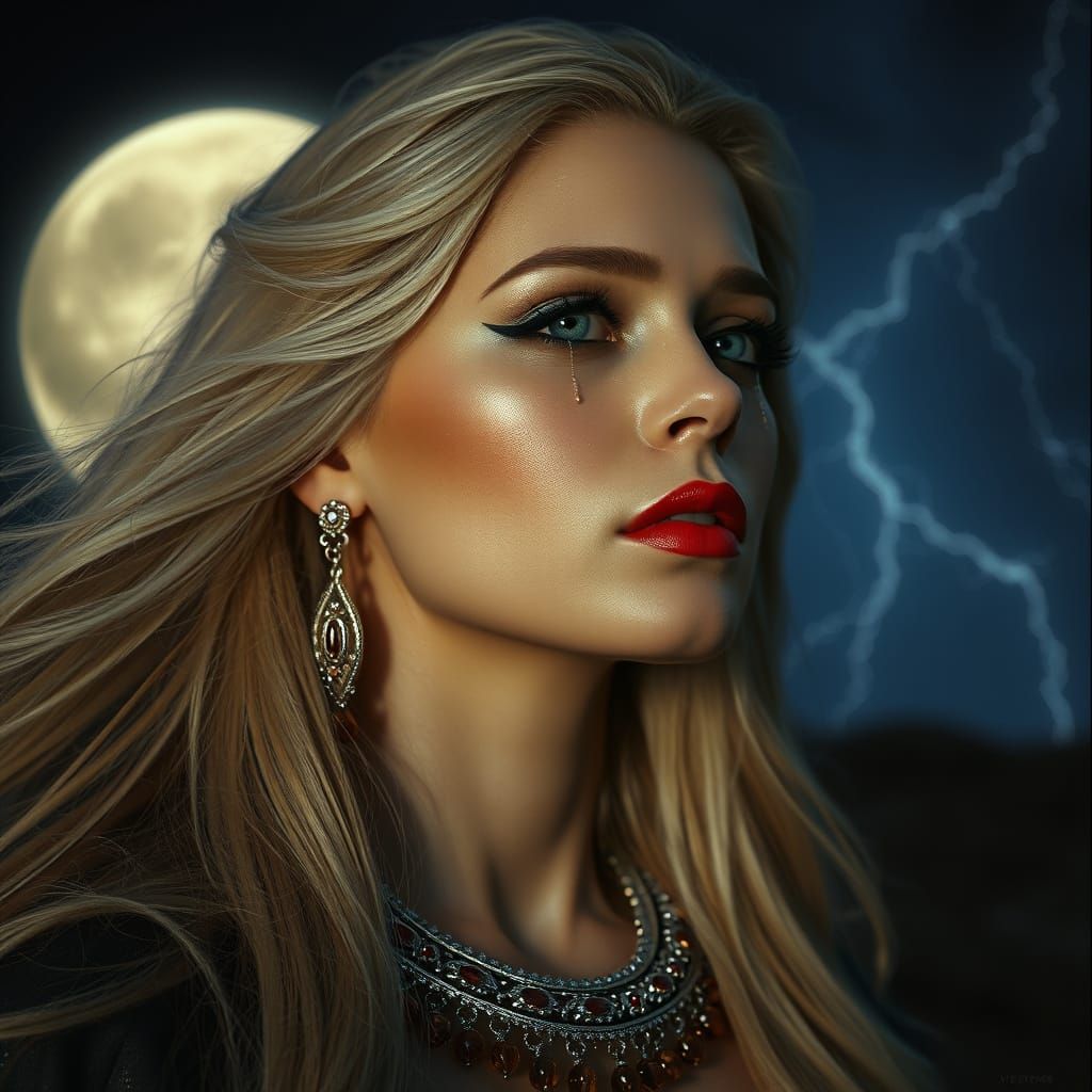 Goddess Weeping Gold Tears Under Full Moonlight