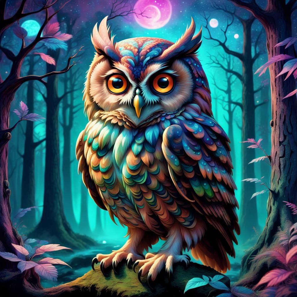 Ethereal Owl Fantasy Scene in Vibrant Colors