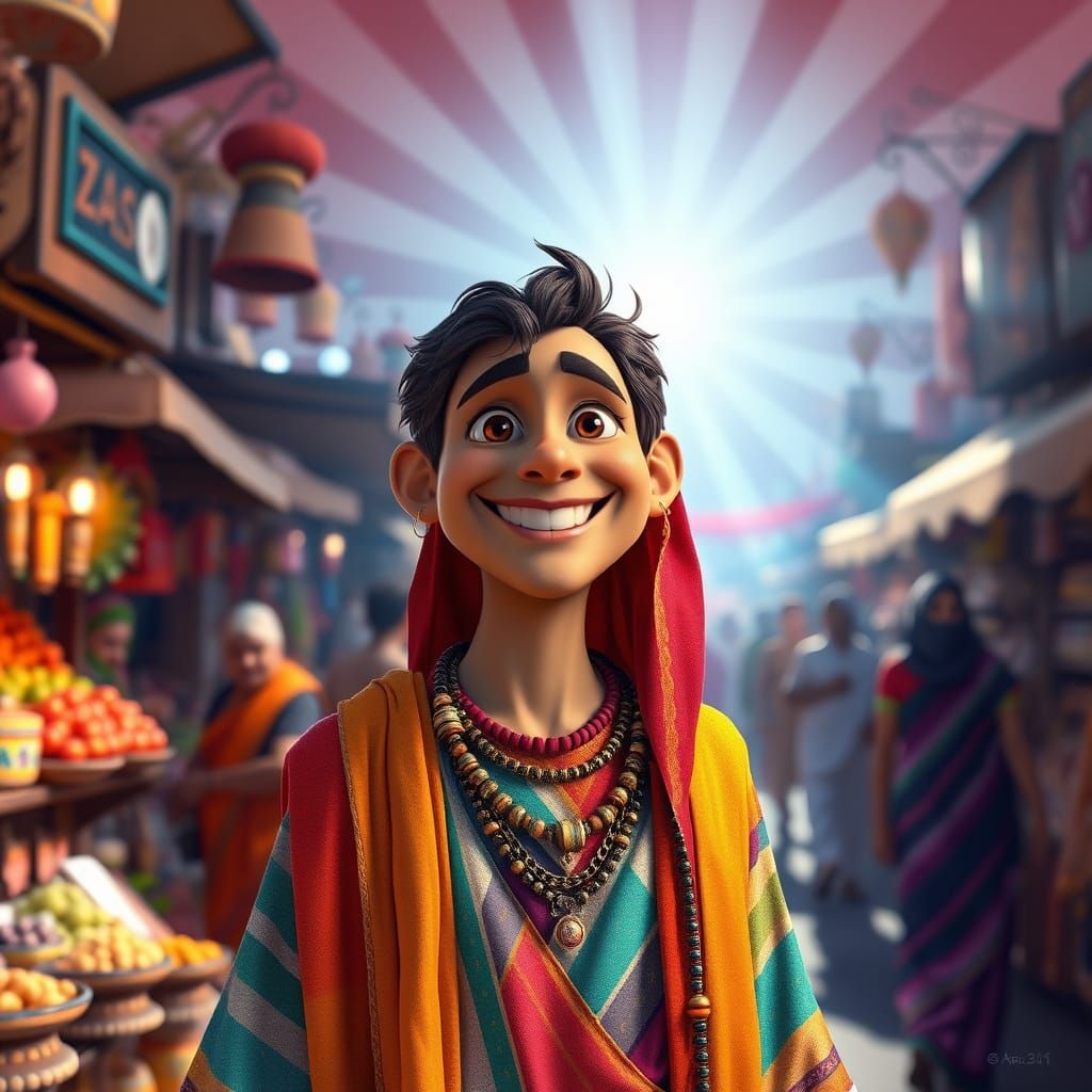 Vibrant Romani Marketplace Scene in Whimsical Digital Art