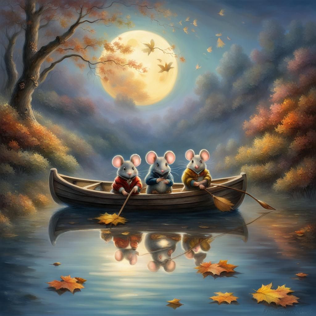 Mice in a Whispering Autumn Boat Scene