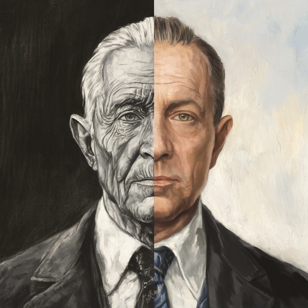 Contrasting Portrait of a Rich Man in Charcoal and Watercolo...