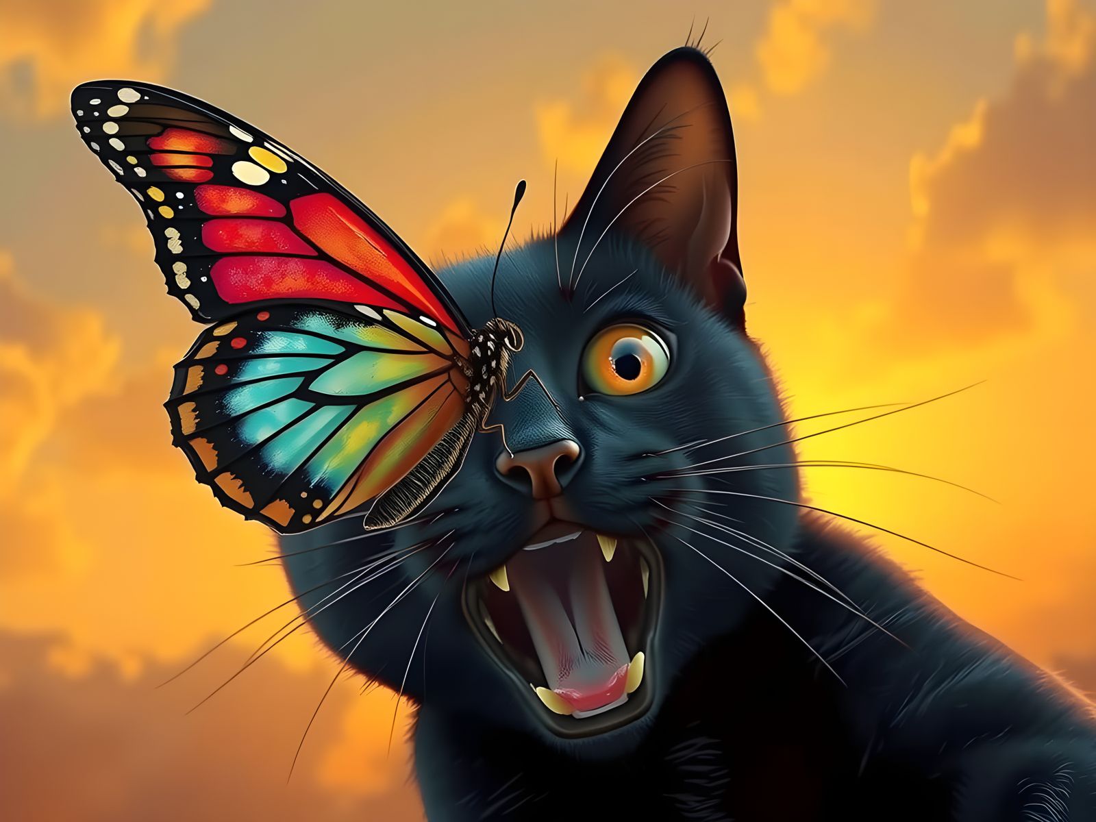 Majestic Butterfly Meets Sleek Feline in Sunset Glow