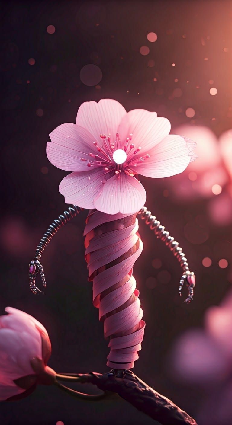 Surreal Cherry Blossom Robot in Photorealistic 8K Detail