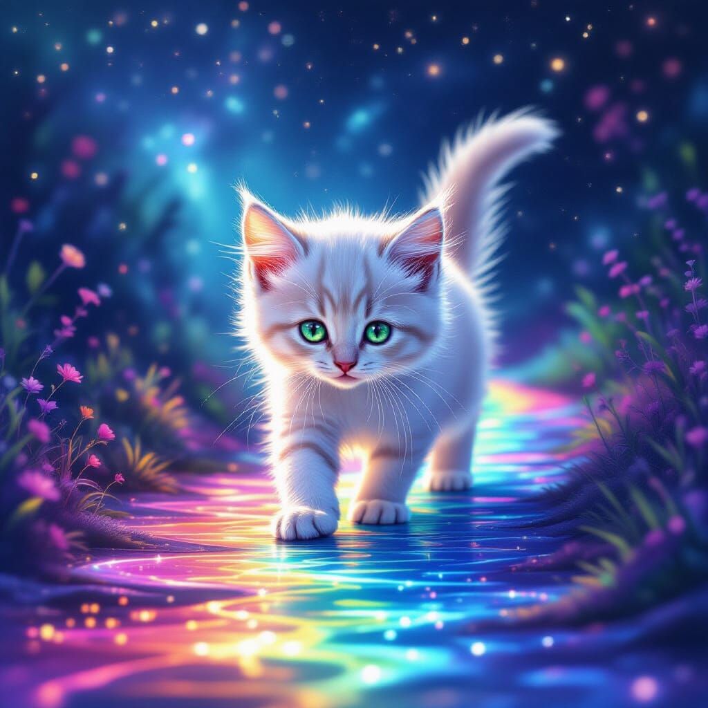 Kitten Steps Onto Cosmic Rainbow Pathway