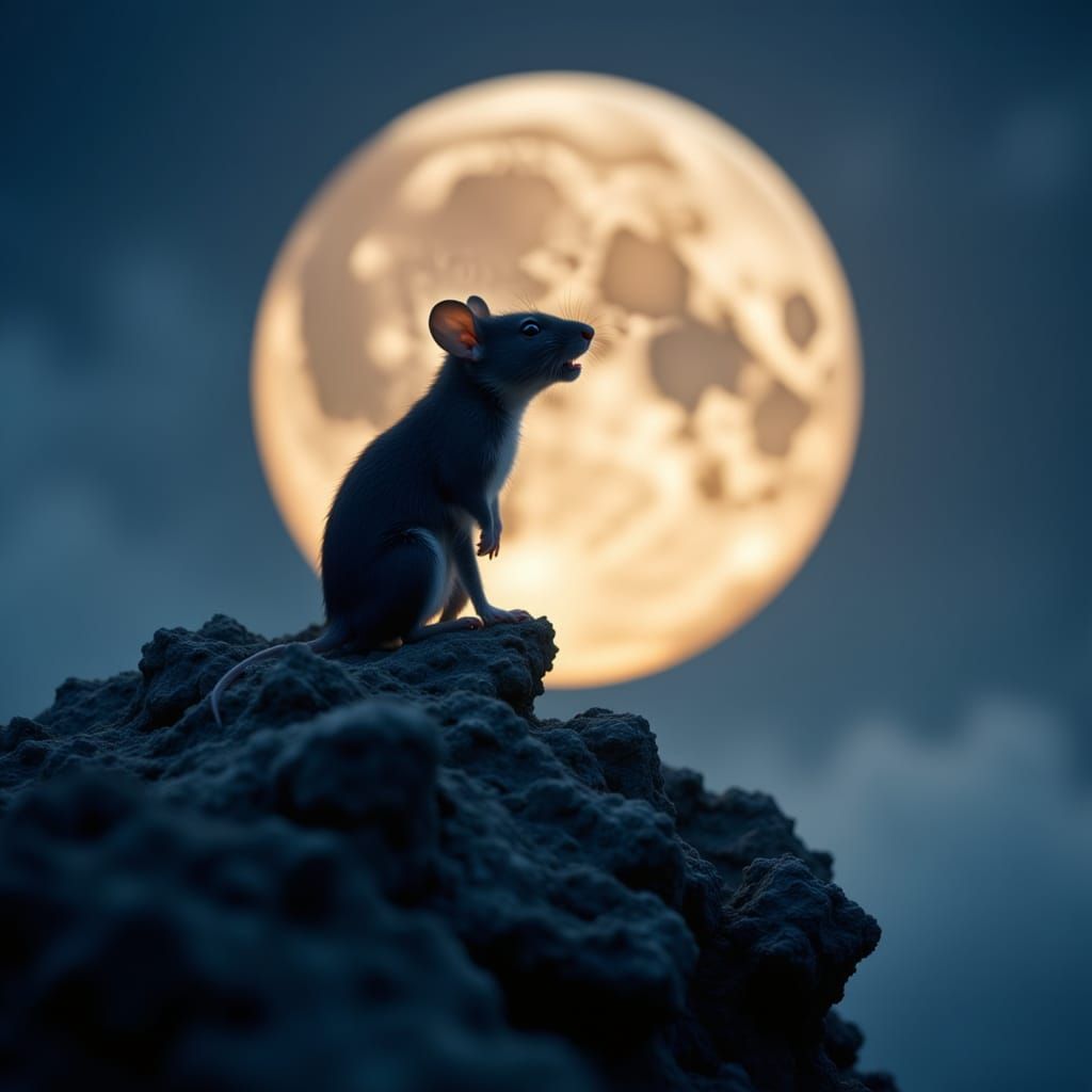 Tiny Mouse Serenades the Waning Moon in Close-Up Portrait