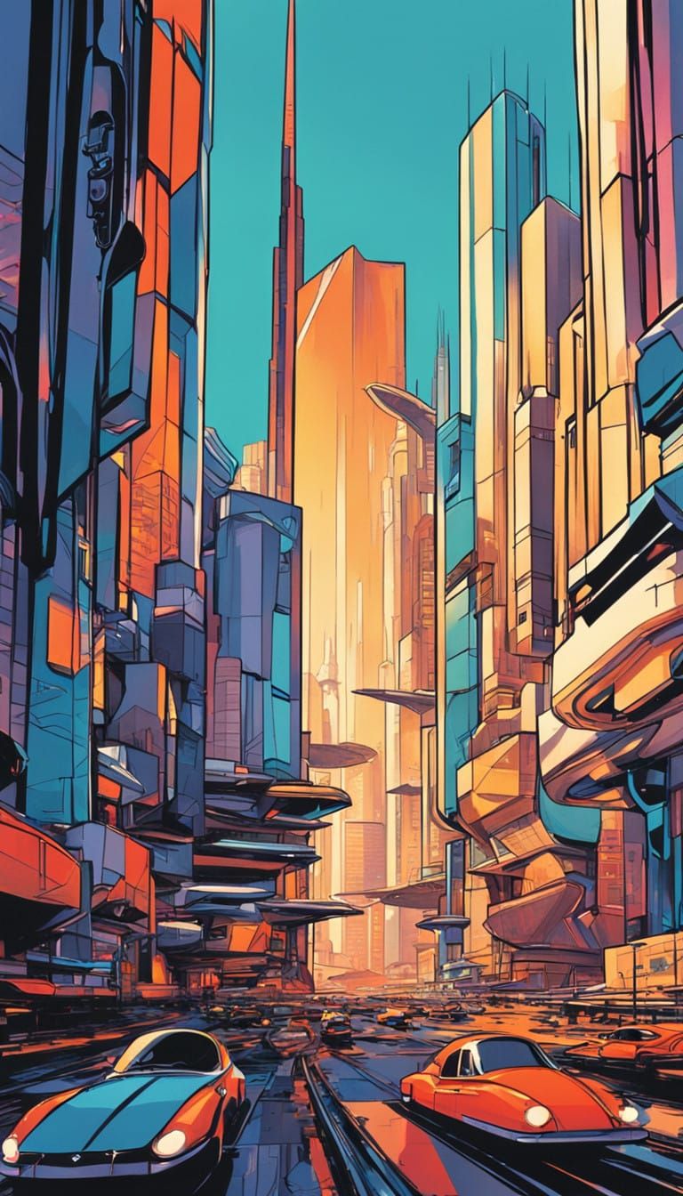 Retro-Futuristic Metropolis in Vibrant Chrome