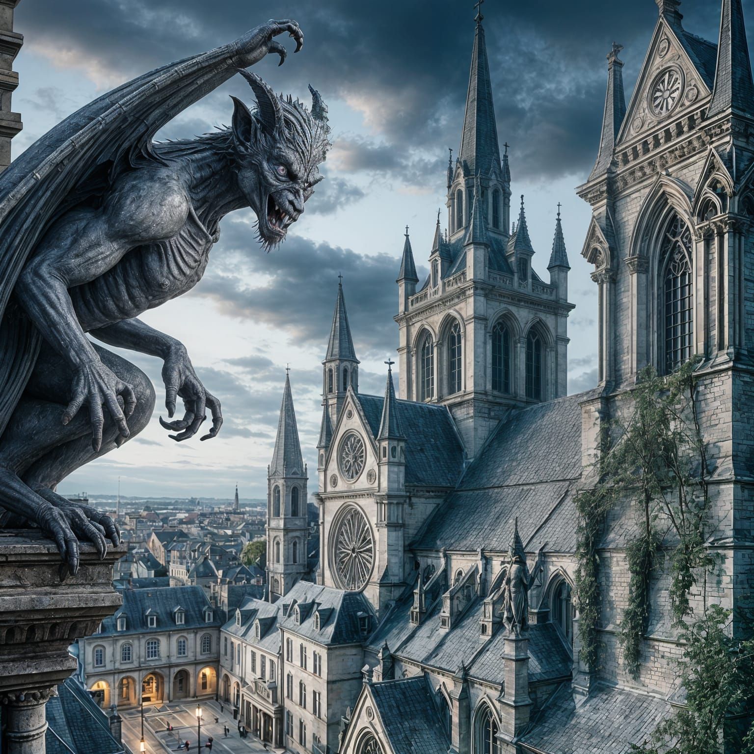 A Gothic Gargoyle Watches Over a Quaint European Town