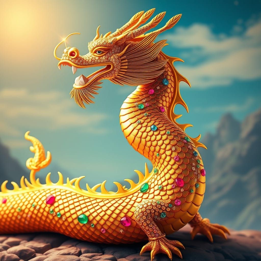 Golden Chinese Dragon with Iridescent Scales and Glittering....