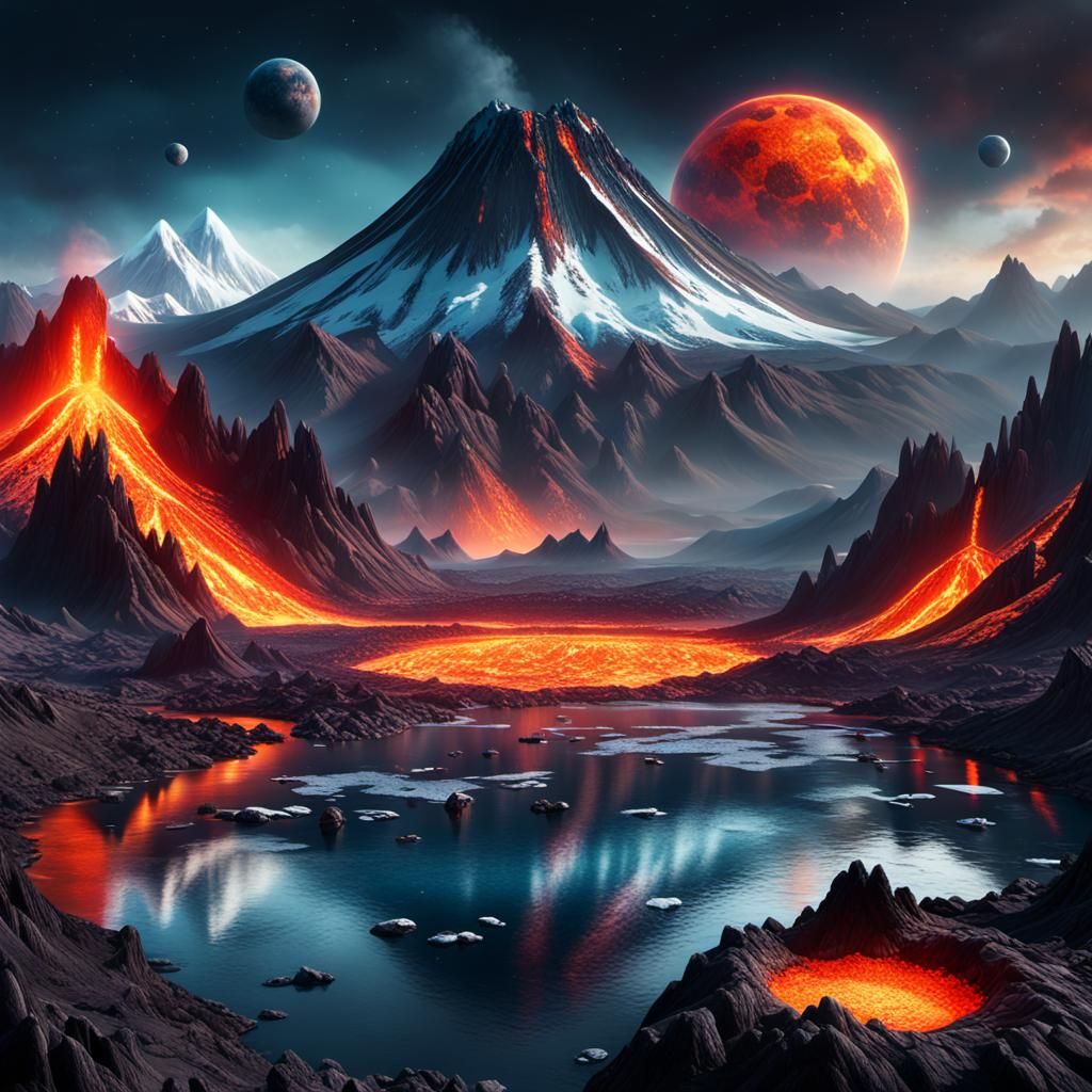 Epic Cinematic Lava World with Majestic Frozen Peaks and a G...