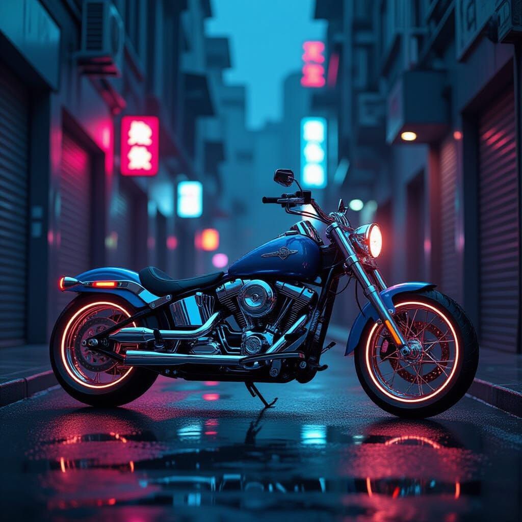 Futuristic Chrome Motorcycle in Cyberpunk Metropolis