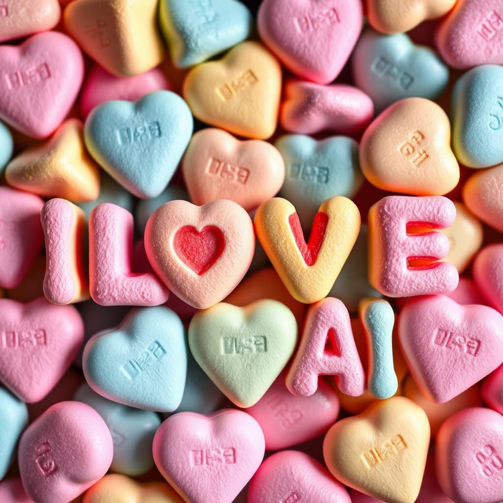 Colorful Love Hearts Sweets Spell Out I LOVE AI in Whimsical...