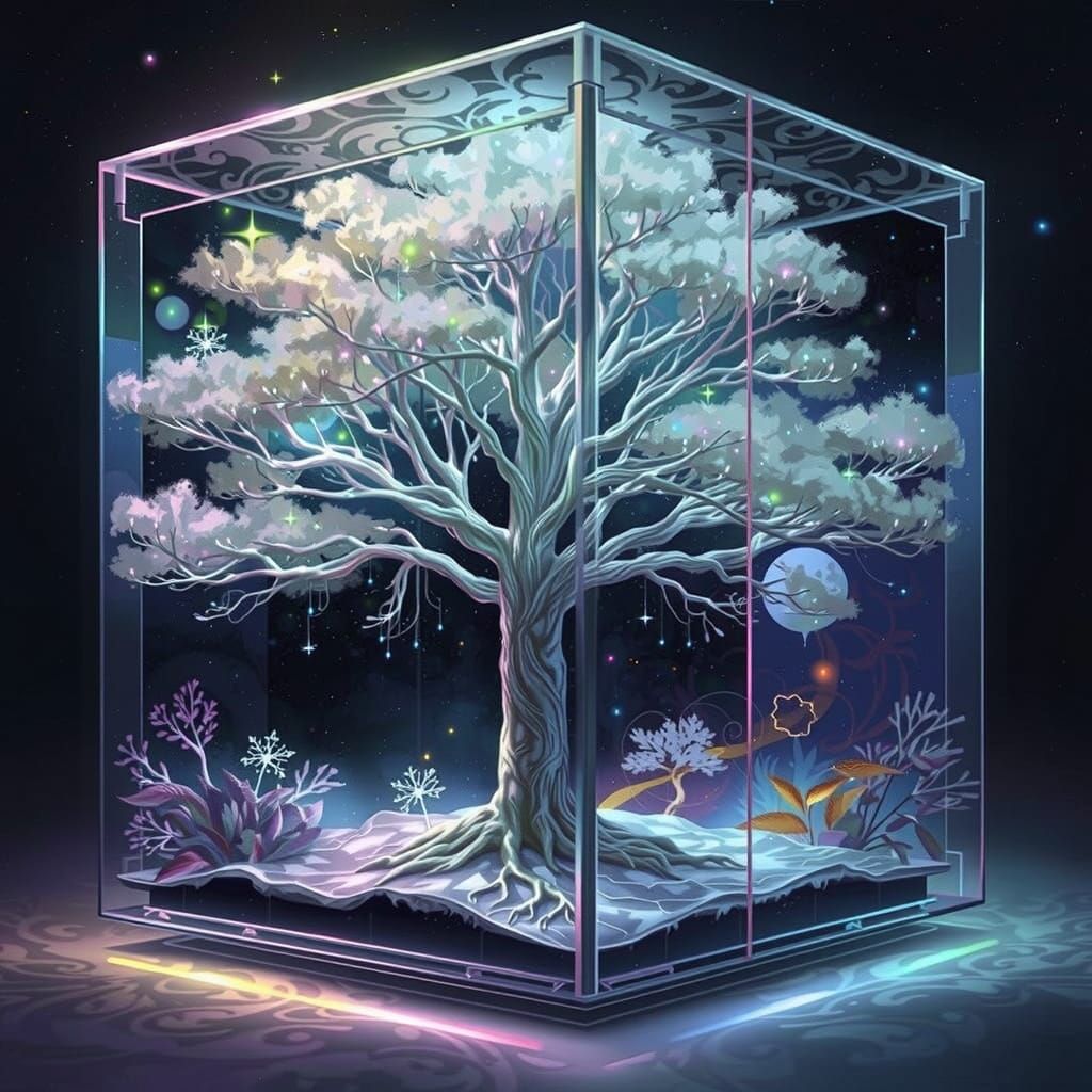 A sparkling white tree, its branches adorned with shimmering astral lights, stands majestically within a transparent gla...