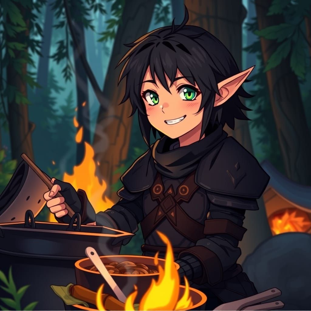 Elf Cooks Dinner in Studio Trigger Anime Style