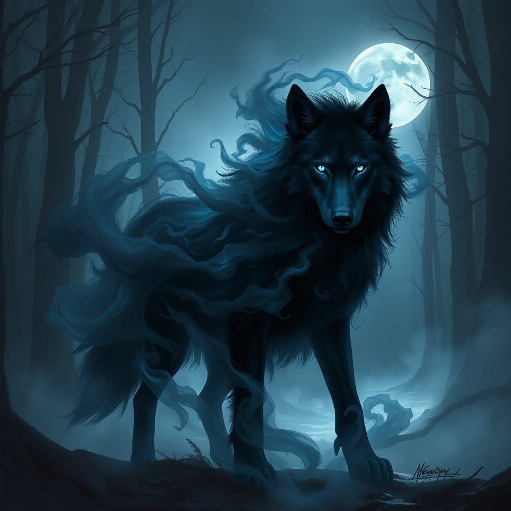 Moonlit Shadow Wolf in Dark Forest