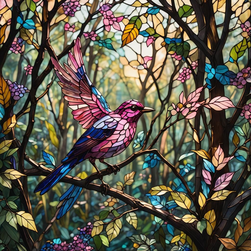 Stained Glass Masterpiece of a Tiny Pink Bird in a Lush Fore...