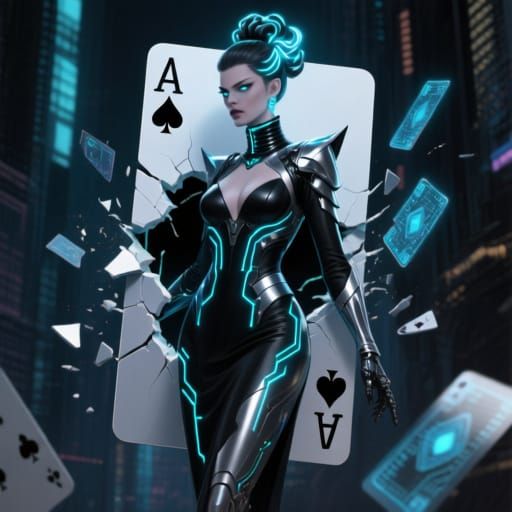 Futuristic Queen of Spades Emerges From Card in Cyberpunk St...