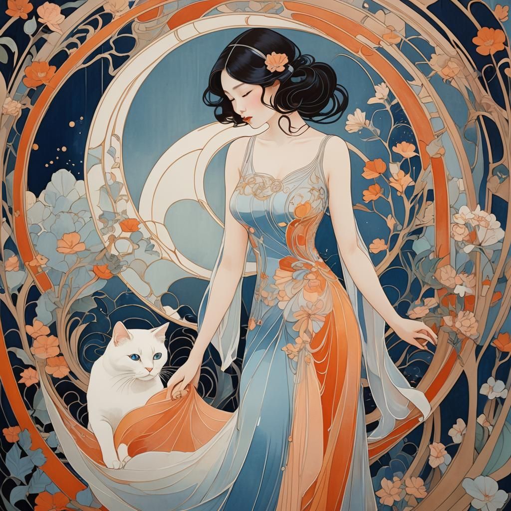 Elegant Lady in Art Nouveau Curvy Design Style with White Ca...